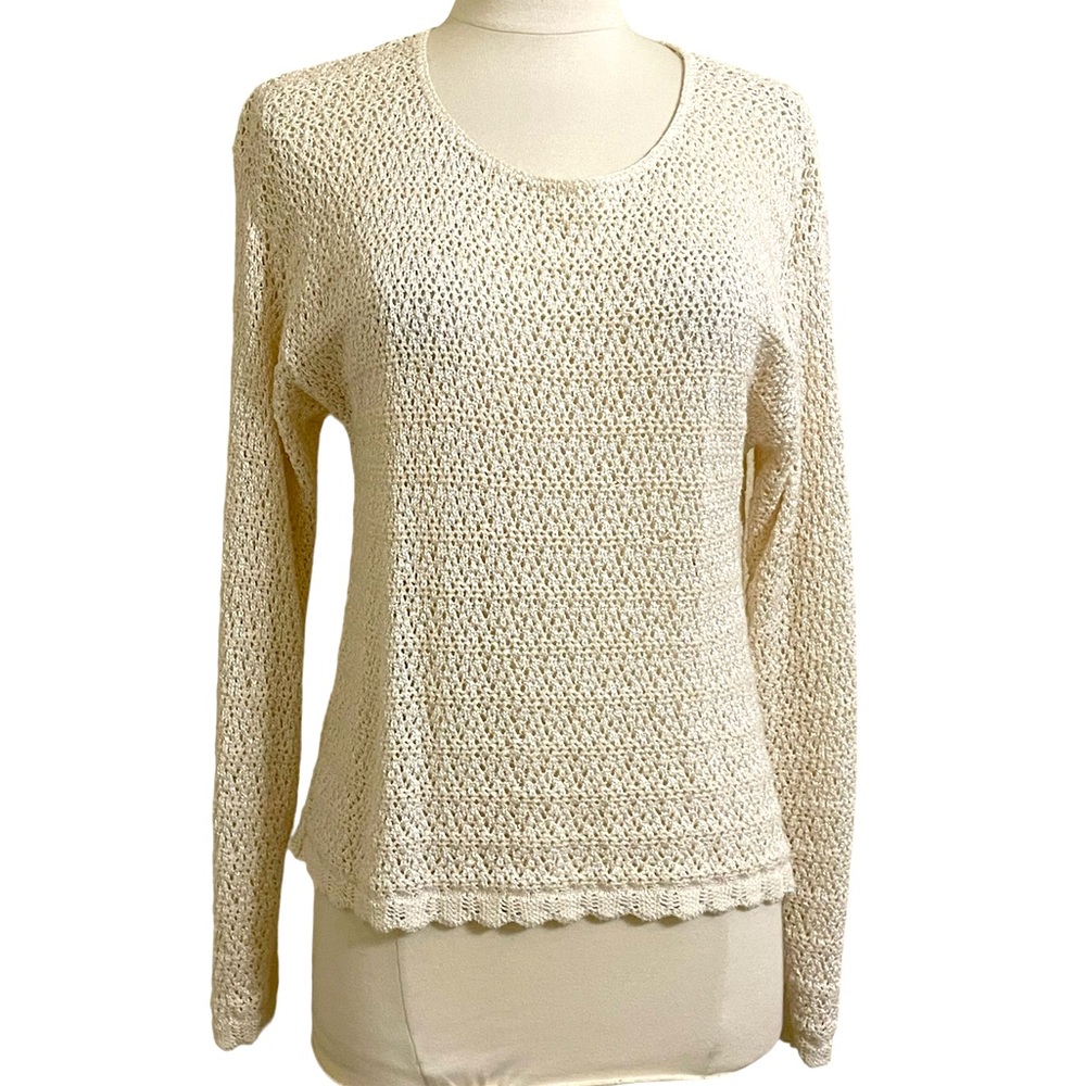 VINTAGE WHBM Cream Ivory Open Weave Crochet Sweater Long Sleeve Size Small